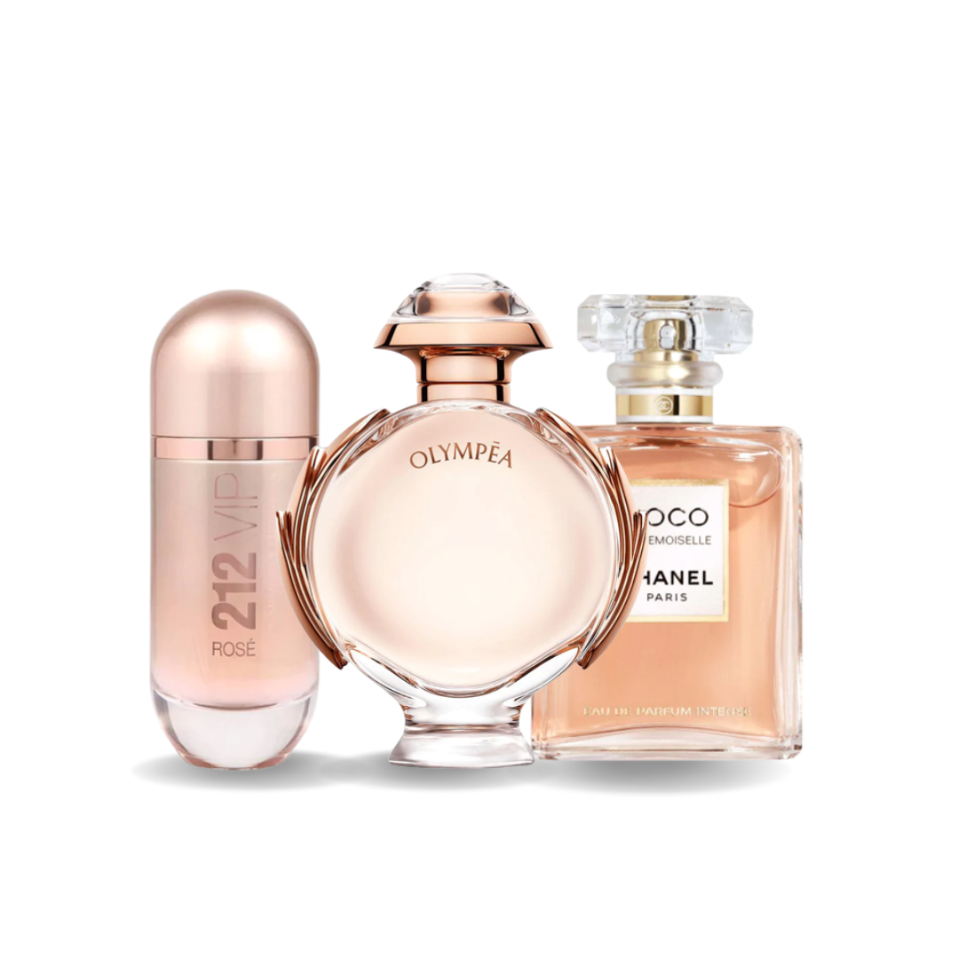 Zestaw 3 perfum damskich – 212 VIP Rosé od Caroliny Herrery, Olympéa od Paco Rabanne i Coco Mademoiselle od Chanel (po 100ml)