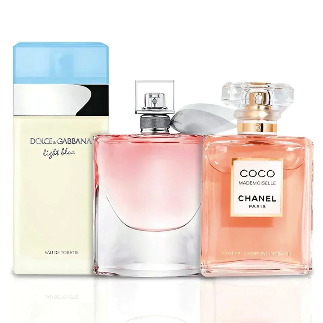 Zestaw 3 perfum damskich – La Vie Est Belle od Lancôme, Mademoiselle od Chanel i Light Blue od Dolce & Gabbana (po 100ml)