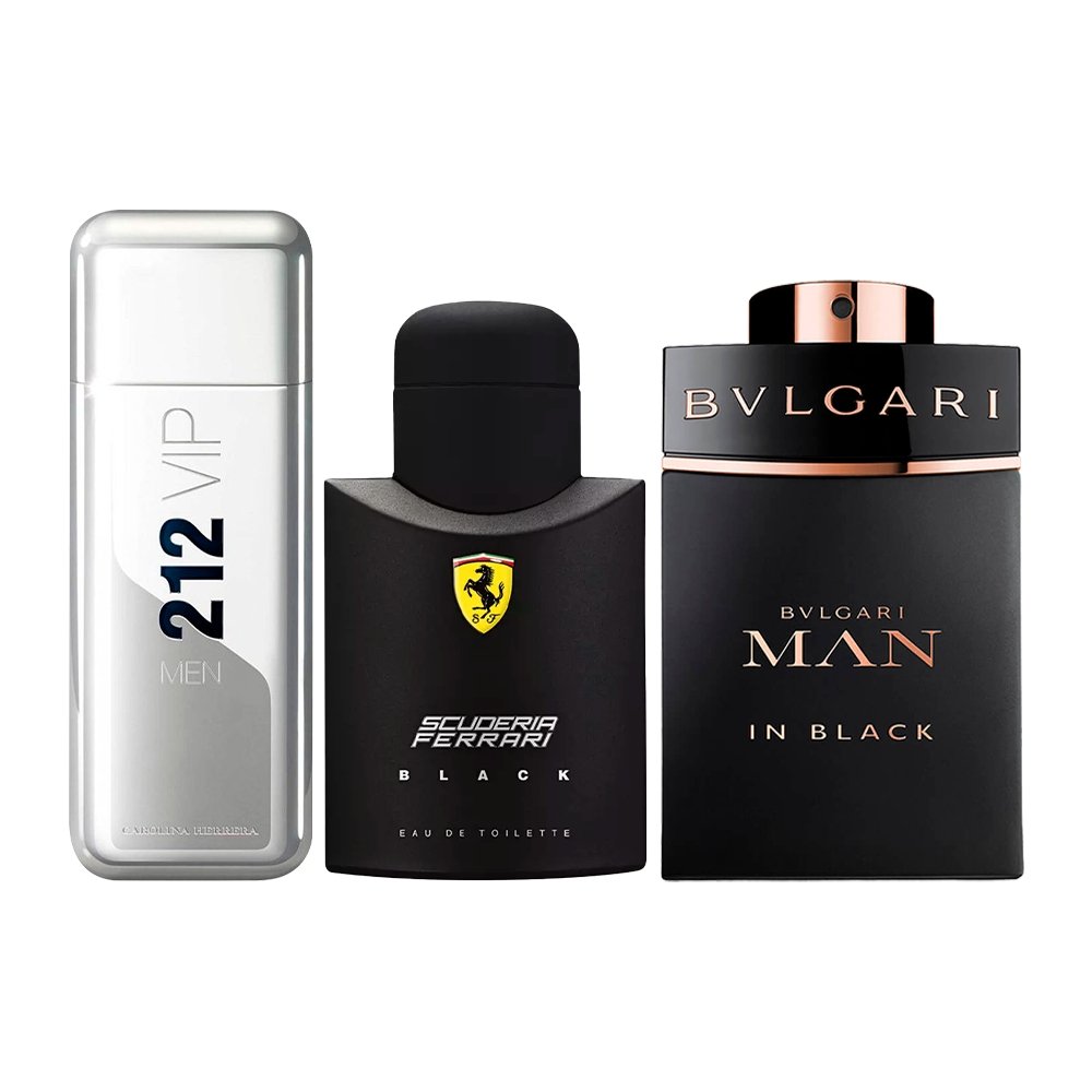 Zestaw 3 perfum męskich – 212 VIP, Ferrari Black i Bvlgari In Black (po 100ml)