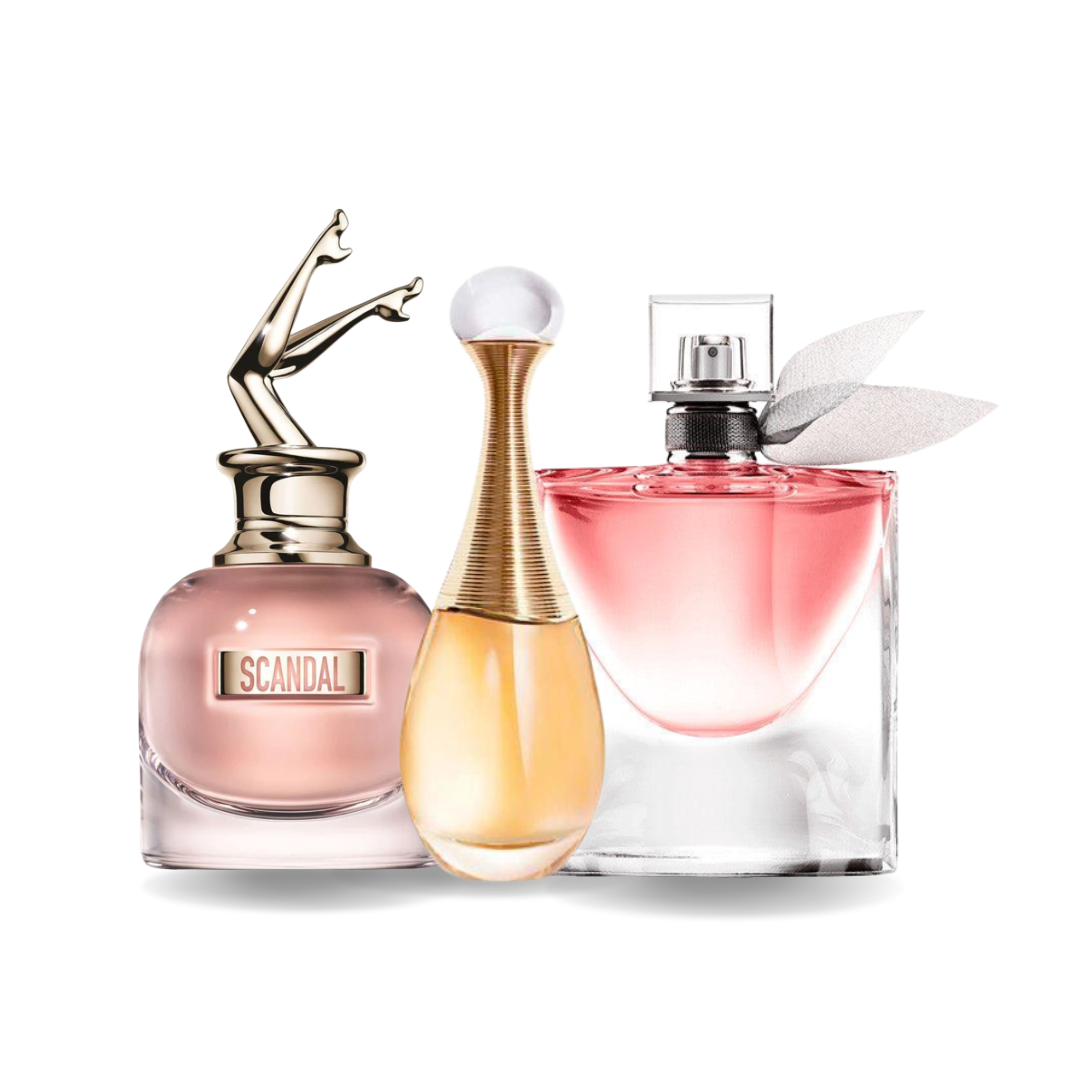 Zestaw 3 perfum damskich – Scandal od Jean Paul Gaultier, J'adore od Diora i La Vie Est Belle od Lancôme (po 100ml)